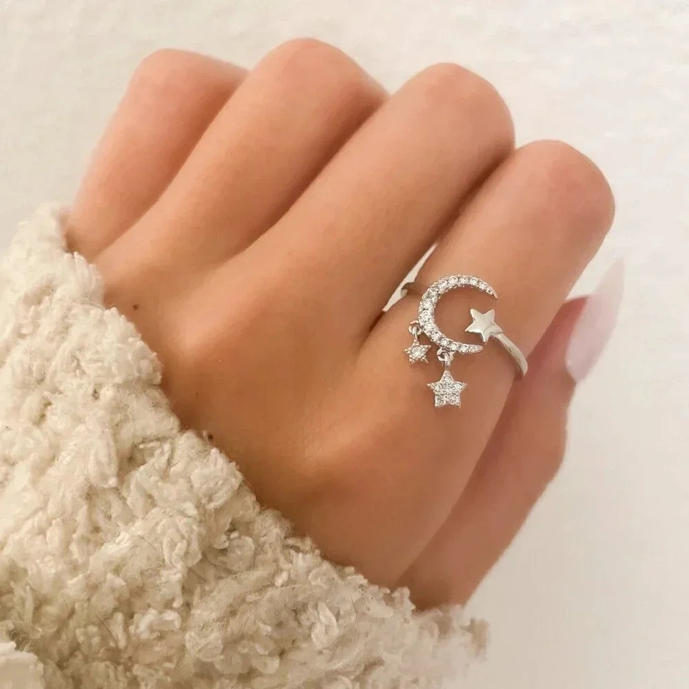 925 Sterling Silver Dangle Moon & Star Ring Dangle Charm Ring Dainty Silver Ring